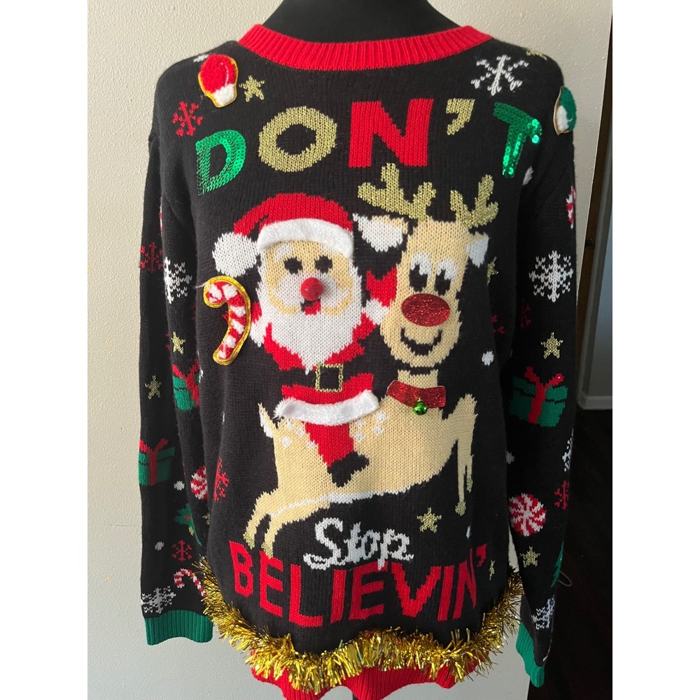 NO BOUNDARIES Ugly Christmas‎ Sweater Santa Reindeer Womens M Black Holiday